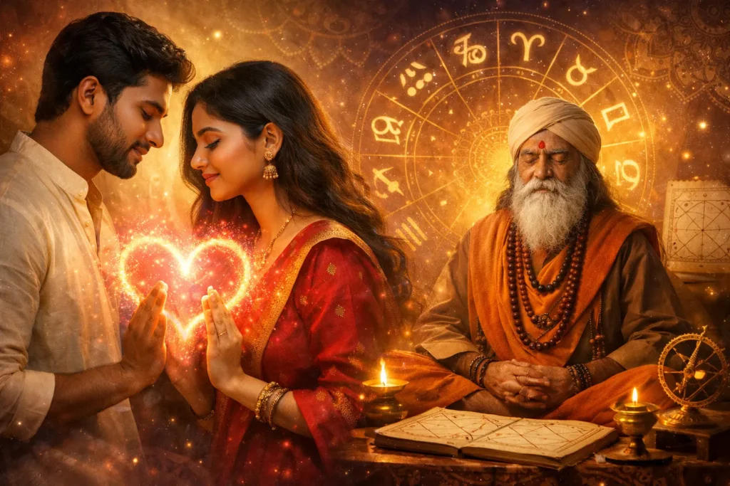 प्यार को आकर्षित करने के उपाय और प्रेम मंत्र से जुड़ा ज्योतिषीय चित्र