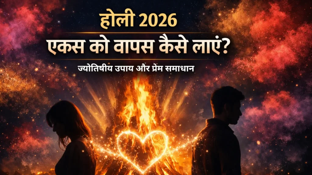 होली 2026 पर एक्स को वापस कैसे लाएं दर्शाता आध्यात्मिक बैनर, होलिका दहन की अग्नि और प्रेम ऊर्जा के साथ