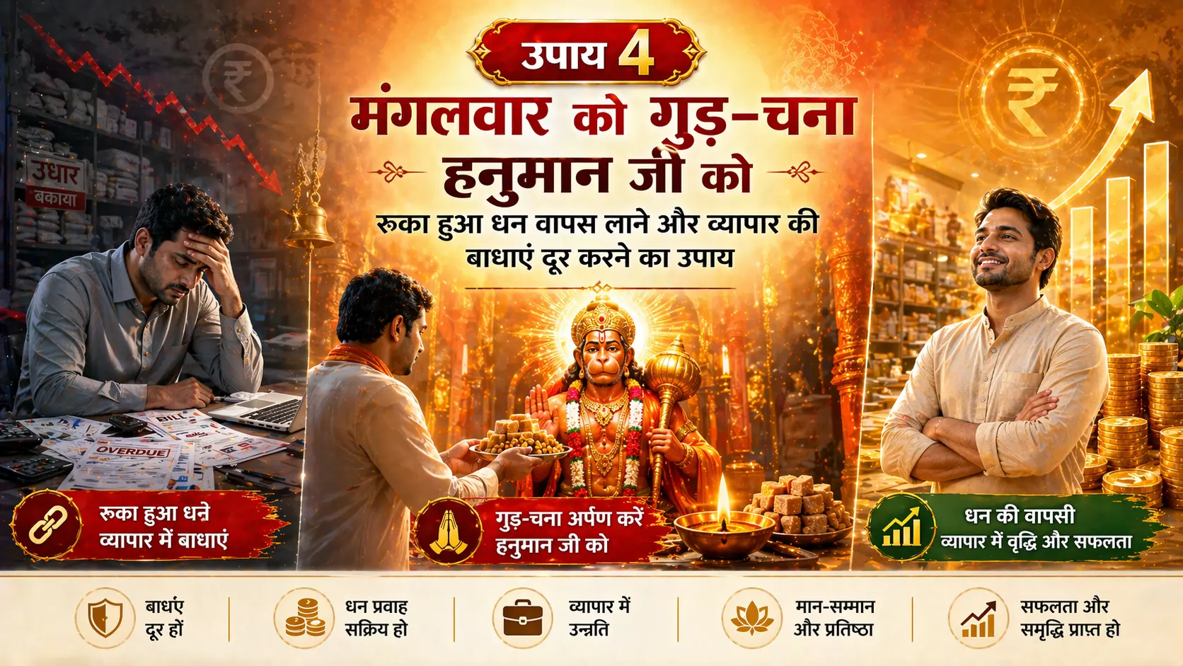 उपाय 4: मंगलवार को गुड़-चना हनुमान जी को – रुका हुआ धन वापस लाने और व्यापार की बाधाएं दूर करने का उपाय