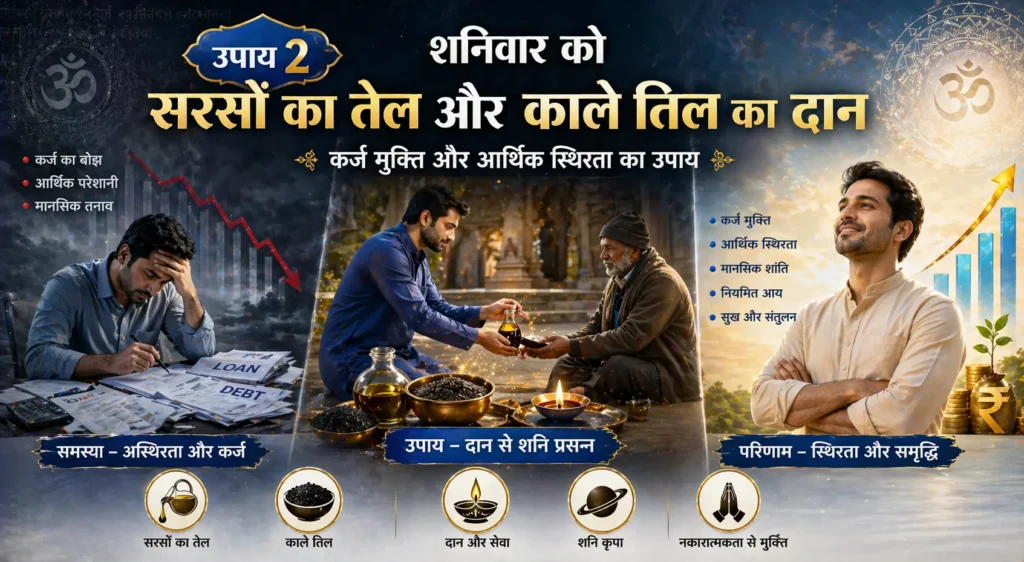 उपाय 2: शनिवार को सरसों का तेल और काले तिल का दान – कर्ज मुक्ति और आर्थिक स्थिरता का उपाय