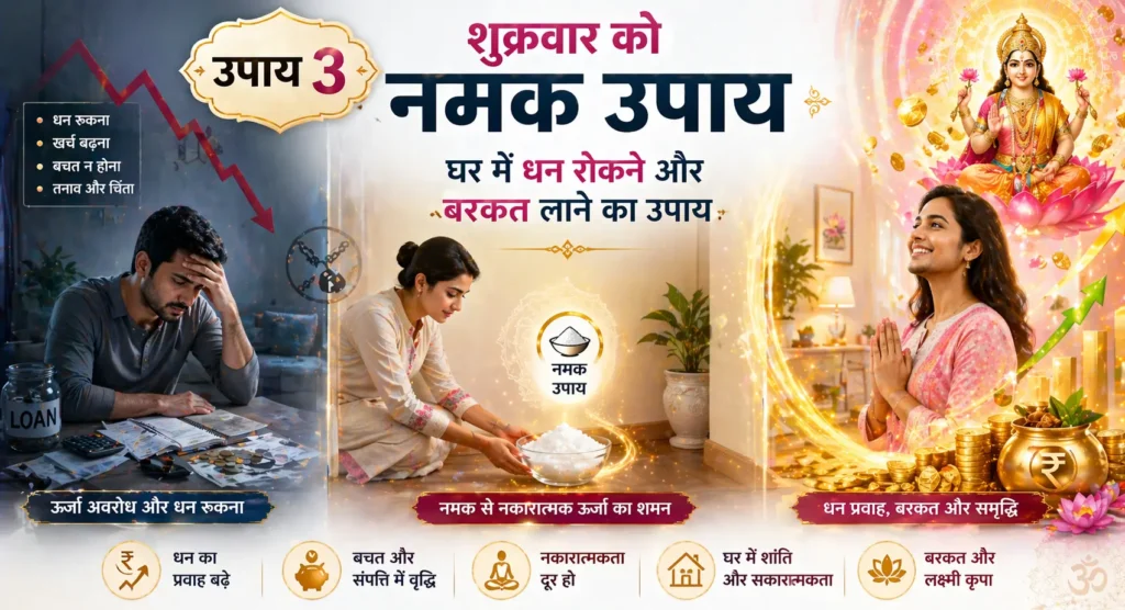 उपाय 3: शुक्रवार को नमक उपाय – घर में धन रोकने और बरकत लाने का उपाय